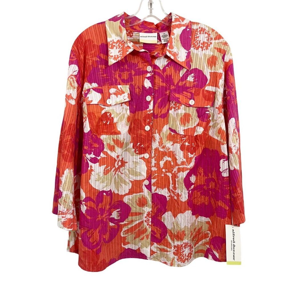NEW Alfred Dunner Orange Pink Hawaiian Floral Long Sleeve Blouse -‎ Size 18W